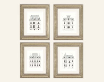 Set of 4 French White & Gray Architectural House Designs on Archival Watercolor Paper