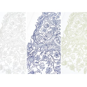 May include: Three panels showcasing detailed floral and botanical illustrations. The designs feature intricate line art in shades of gray, blue, and beige. The artwork includes flowers, leaves, and swirling patterns, creating a decorative and elegant aesthetic.