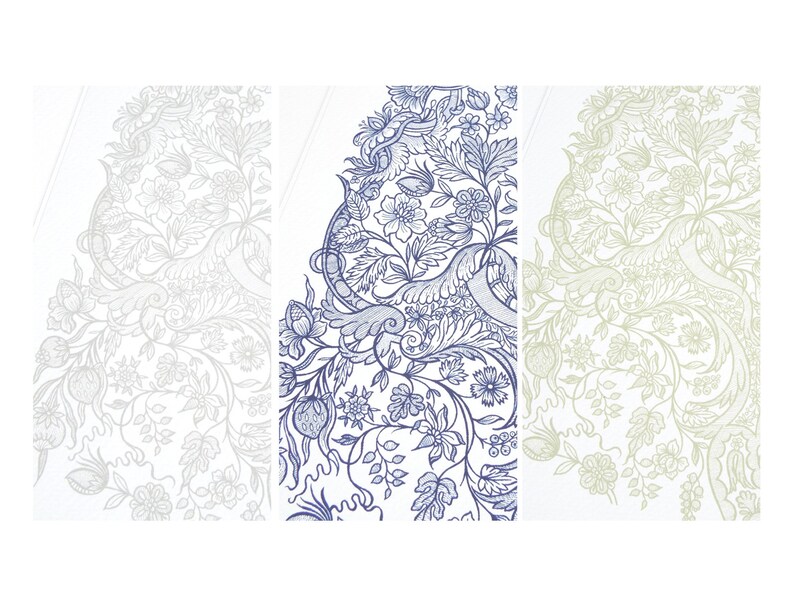May include: Three panels showcasing detailed floral and botanical illustrations. The designs feature intricate line art in shades of gray, blue, and beige. The artwork includes flowers, leaves, and swirling patterns, creating a decorative and elegant aesthetic.