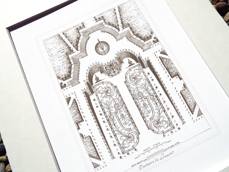 Antique French Garden Plan 6 In Sepia, Navy & Sea Glass Blue Archival Print image 1