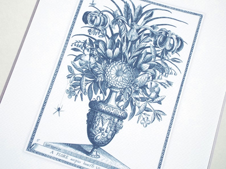 Set of 6 Navy Blue Flower Bouquets with Insects Archival Prints on Watercolor Paper