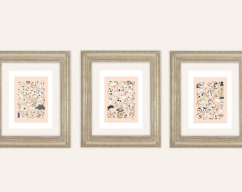 3 Set of Pastel Japanese Cat Triptych Archival Quality Prints