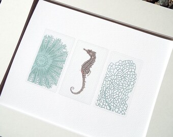 Sea Life Art Print, Soft Blue Sea Anemone, Seahorse, Coral