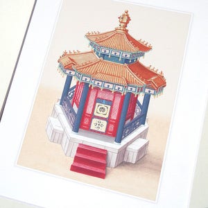 Chinoiserie Pagoda Architectural Drawing 7 Archival Quality Print on Watercolor Paper