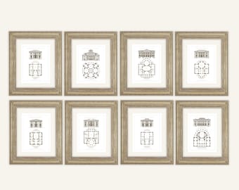 Zestaw 8 rysunków i planów architektonicznych włoskich w sepii na papierze akwarelowym archiwalnym