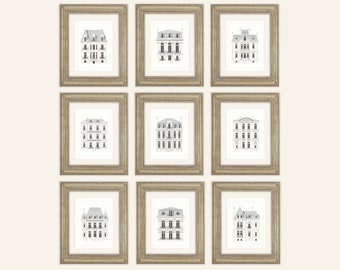 Set of 9 French White & Gray Architectural House Designs on Archival Watercolor Paper