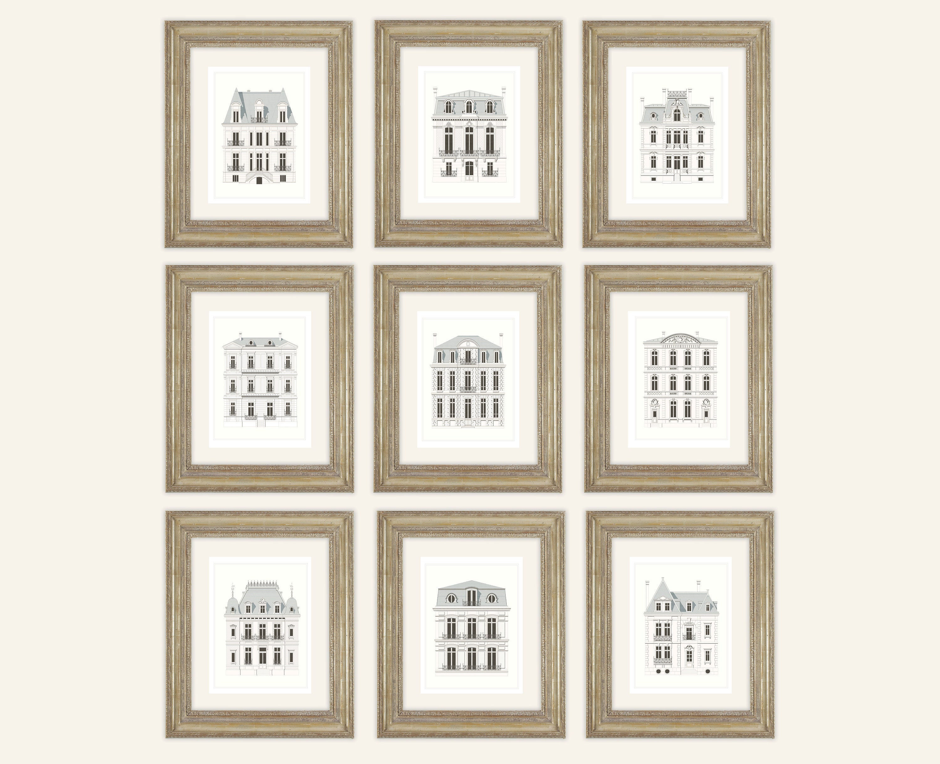 Set of 9 French White & Gray Architectural House Designs on Archival Watercolor Paper