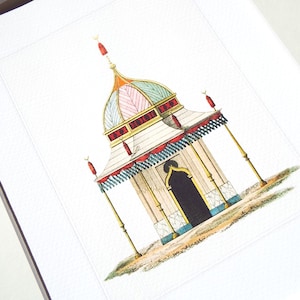 Moroccan Domed Garden Pavilion with Pastel Chevron Roof Architectural Archival Quality Print