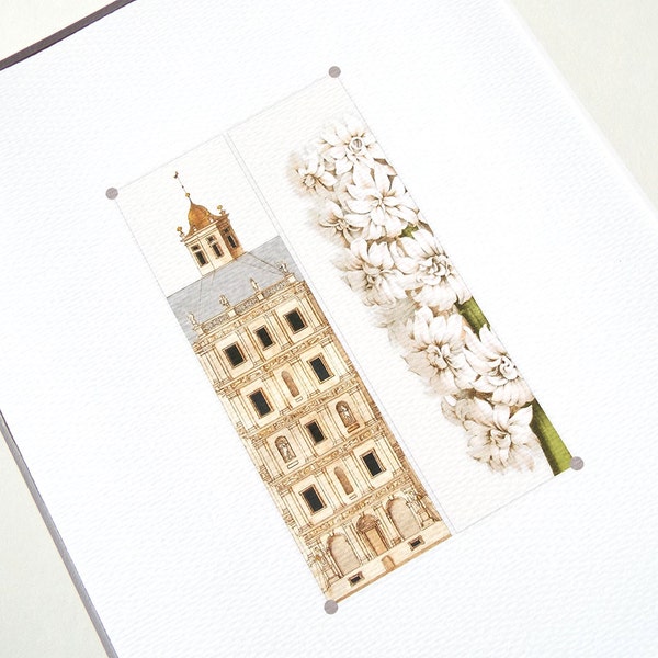 Neo Classical Building Detail and White Hyacynth Botanical Study Archival Print