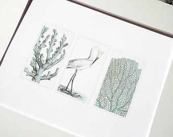 Soft Blue Sea Life Collection 1 of Coral Branch & White Crane Archival Quality Print