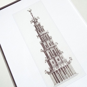 Sepia Tall Pagoda Style 1 Antique Illustration Archival Print
