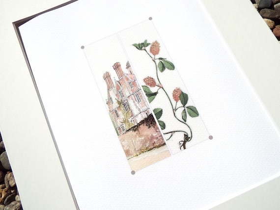 Pink Clover & Country House Art Print: Botanical Architecture Study