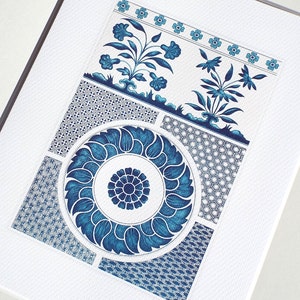 Blue & White Chinoiserie Floral and Geometric Ornament Pattern 5 Antique Illustration Archival Print