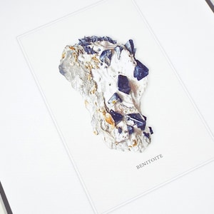 Benitoit Mineral Specimen Archival Print auf Aquarell Papier