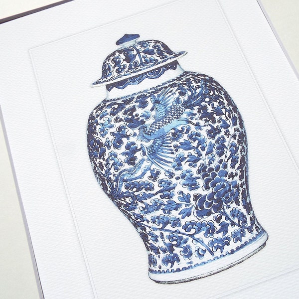 Blue & White Chinoiserie Porcelain Ginger Jar with Flying Phoenix Archival Print on Watercolor Paper