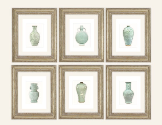 6 Set of Chinoiserie Celadon Green Porcelain Vase Illustrations Archival Prints