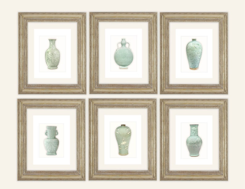 6 Set of Chinoiserie Celadon Green Porcelain Vase Illustrations Archival Prints image 1