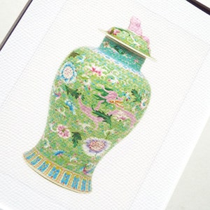 Chinoiserie Porcelain Ginger Jar with Dragon in Mint Green & Pink Floral Antique Illustration