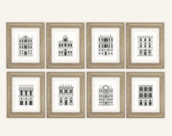 Set of 8 Parisian Architectural Designs in White & Dark Gray on Archival Watercolor Paper