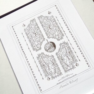 May include: A black and white line drawing of a garden plan, labelled "Parterre Villaref." The plan features a symmetrical design with four sections, each containing a unique pattern of flowers and foliage.