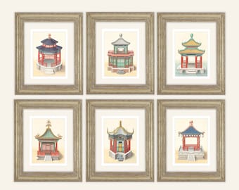 Chinoiserie Pagoda Architectural Drawing Set of 6 Prints on Watercolor Paper