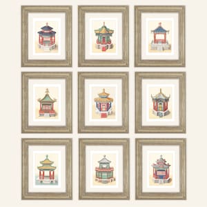 Chinoiserie Pagoda Architectural Drawing Set of 9 Prints on Watercolor Paper