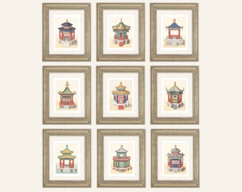 Chinoiserie Pagode Architekturzeichnung 9er Set Drucke auf Aquarellpapier