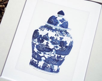 Blue & White Chinoiserie Porcelain Ginger Jar Country Scene 1 Archival Print on Watercolor Paper