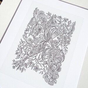 May include: Black and white floral illustration print, framed in a white mat. The detailed drawing features various flowers, leaves, and ornamental elements. The artwork is presented on a white background, creating a striking contrast.