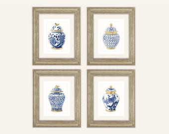 Set of 4 Ginger Jar Prints with Gold Accents on Archival Paper