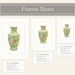 May include: Framed prints of a decorative vase in various sizes. The vase is green with colorful floral and dragon designs. Sizes include 8" x 10", 11" x 14", and 13" x 19" prints, each with paper, image, and frame dimensions.