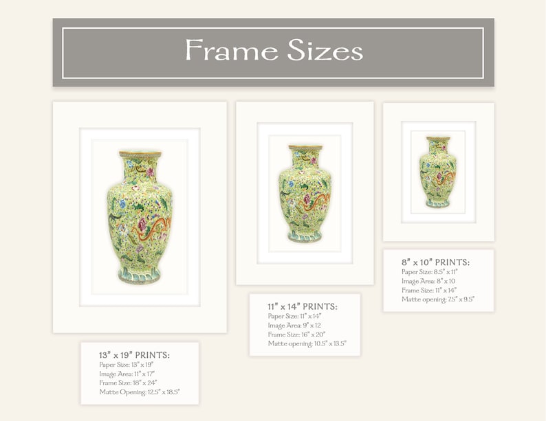 May include: Framed prints of a decorative vase in various sizes. The vase is green with colorful floral and dragon designs. Sizes include 8" x 10", 11" x 14", and 13" x 19" prints, each with paper, image, and frame dimensions.