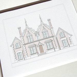 Architectural Print 2 of Pastel English Manor House Drawing on Archival Watercolor Paper