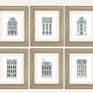 6 Set of French Architectural Illustrations with Blue Details Archival Quality Prints