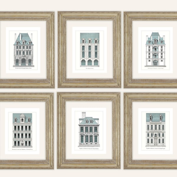 6 Set of French Architectural Illustrations with Blue Details Archival Quality Prints