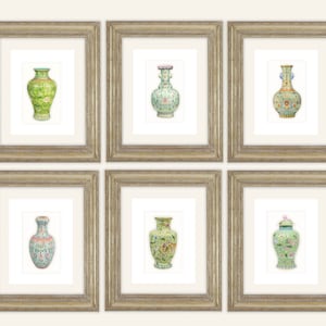 Conjunto de 6 porcelanas chinoiserie con estampados florales verdes y rosas, ilustraciones antiguas de archivo