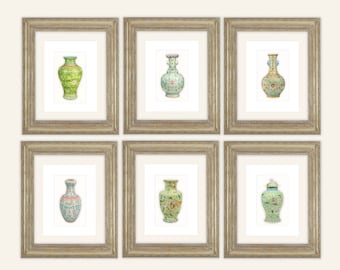 6 Set of Chinoiserie Porcelains in Floral Greens & Pinks Antique Illustration Archival Prints