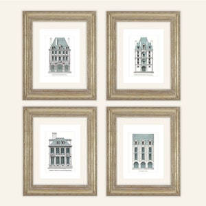 4 serie di illustrazioni architettoniche francesi con dettagli blu, stampe di qualità d'archivio