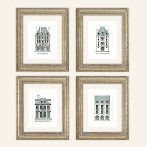 4 Set of French Architectural Illustrations with Blue Details Archival Quality Prints