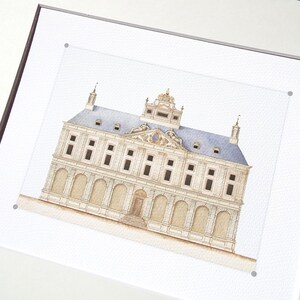 Antique Architectural Illustration of Blue Roofed Neo Classical House Archival Print
