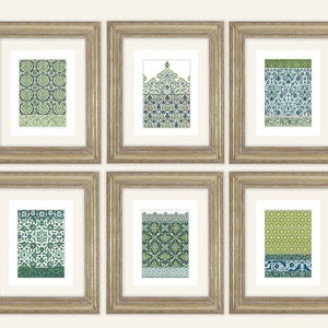 Set of 6 Moroccan Tile Designs in Indigo, Navy Blue & Greens Archival Quality Prints on Watercolor Paper