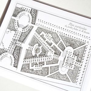 May include: A black and white illustration of a garden plan, titled "Plan particulier du jardin juslion de M. Boutin".