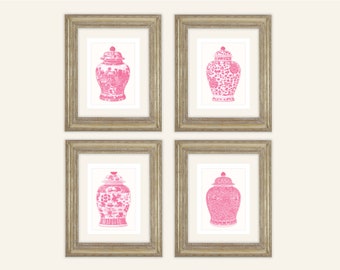 Set of 4 Bright Pink Ginger Jar Fine Art Prints on Archival Watercolor Paper