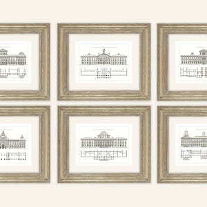 Set van 6 Franse architectonische afdrukken van gebouwen met plattegronden in antracietgrijs op aquarelpapier