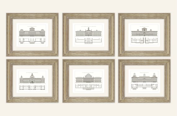 French Architecture Prints Set: Charcoal Gray Building Floor Plans