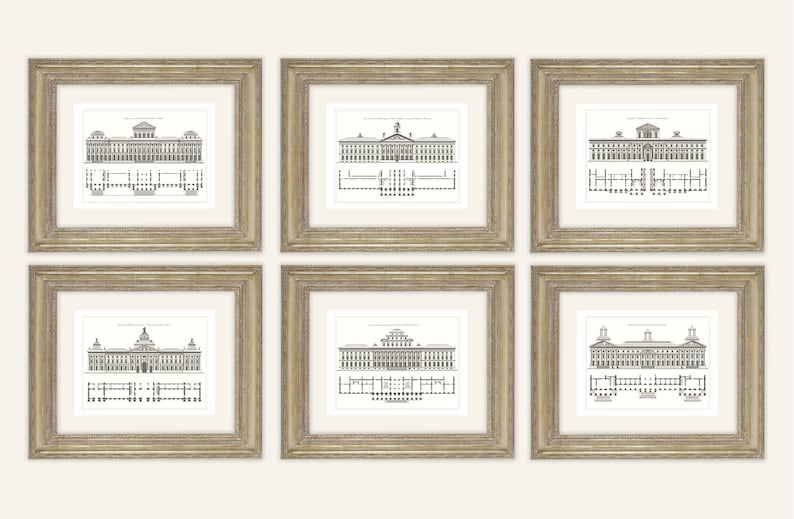 May include: Six framed architectural prints featuring detailed black and white building illustrations. Each print showcases a different building design, with intricate details and a blueprint-style layout. The frames have a gold finish.