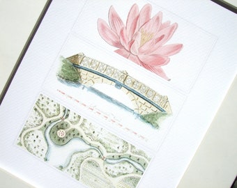 Architectural Drawing of Stone Garden Bridge, Garden Plan & Lotus Archival Quality Print