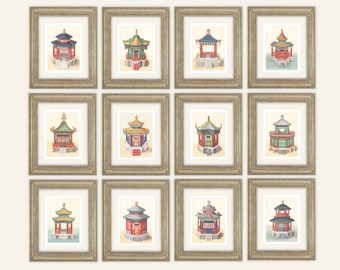 12 Set Chinoiserie Pagoda Architectural Drawing Prints on Watercolor Paper