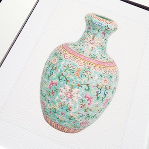 Chinoiserie Porcelain Vase in Pale Blue & Pink Floral Antique Illustration