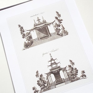 2 Pagoda Chinoiserie Art Set 3 Architectural Drawing Archival Print on Watercolor Paper